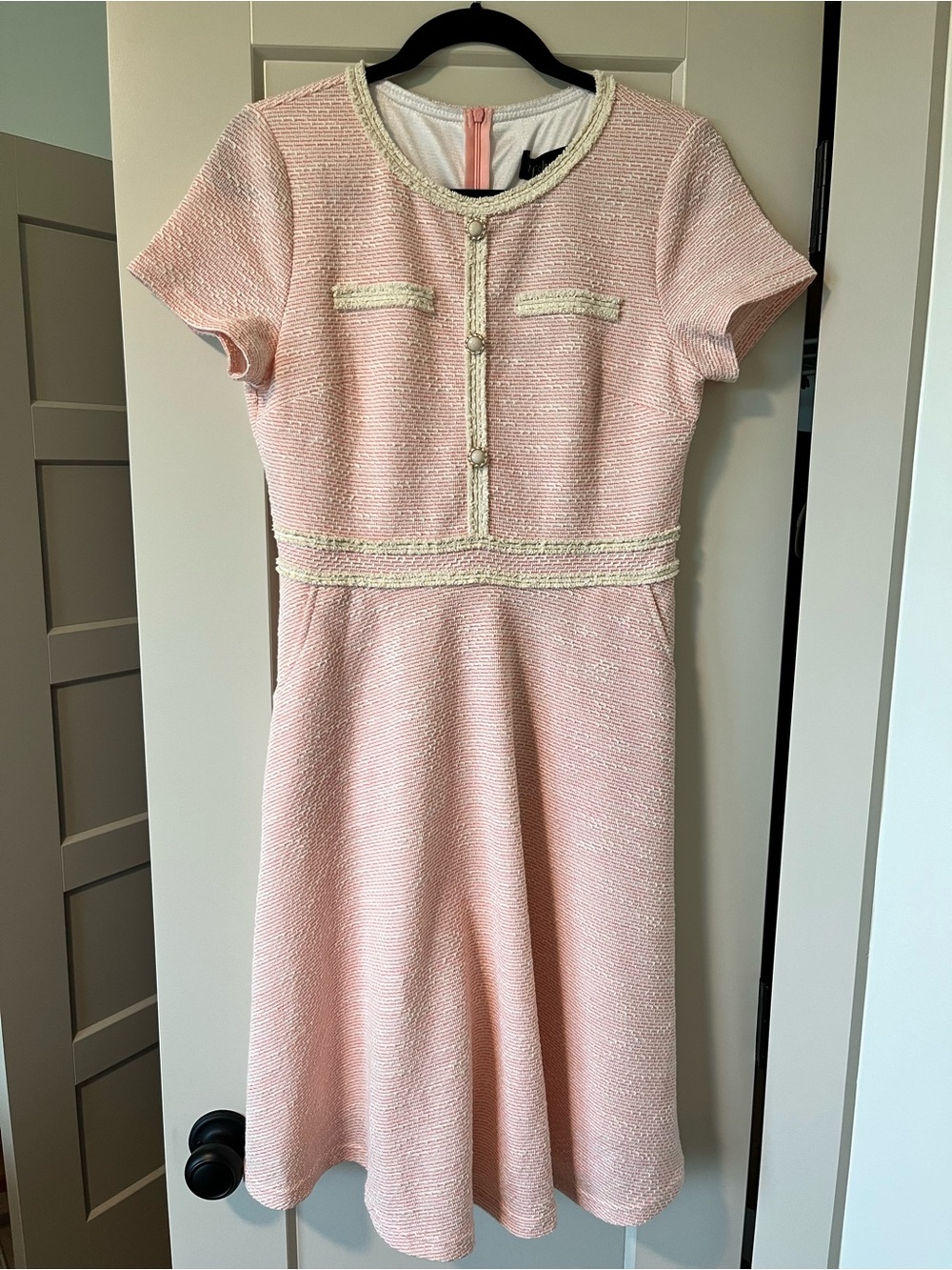 Pink Tweed Midi Dress with Trim